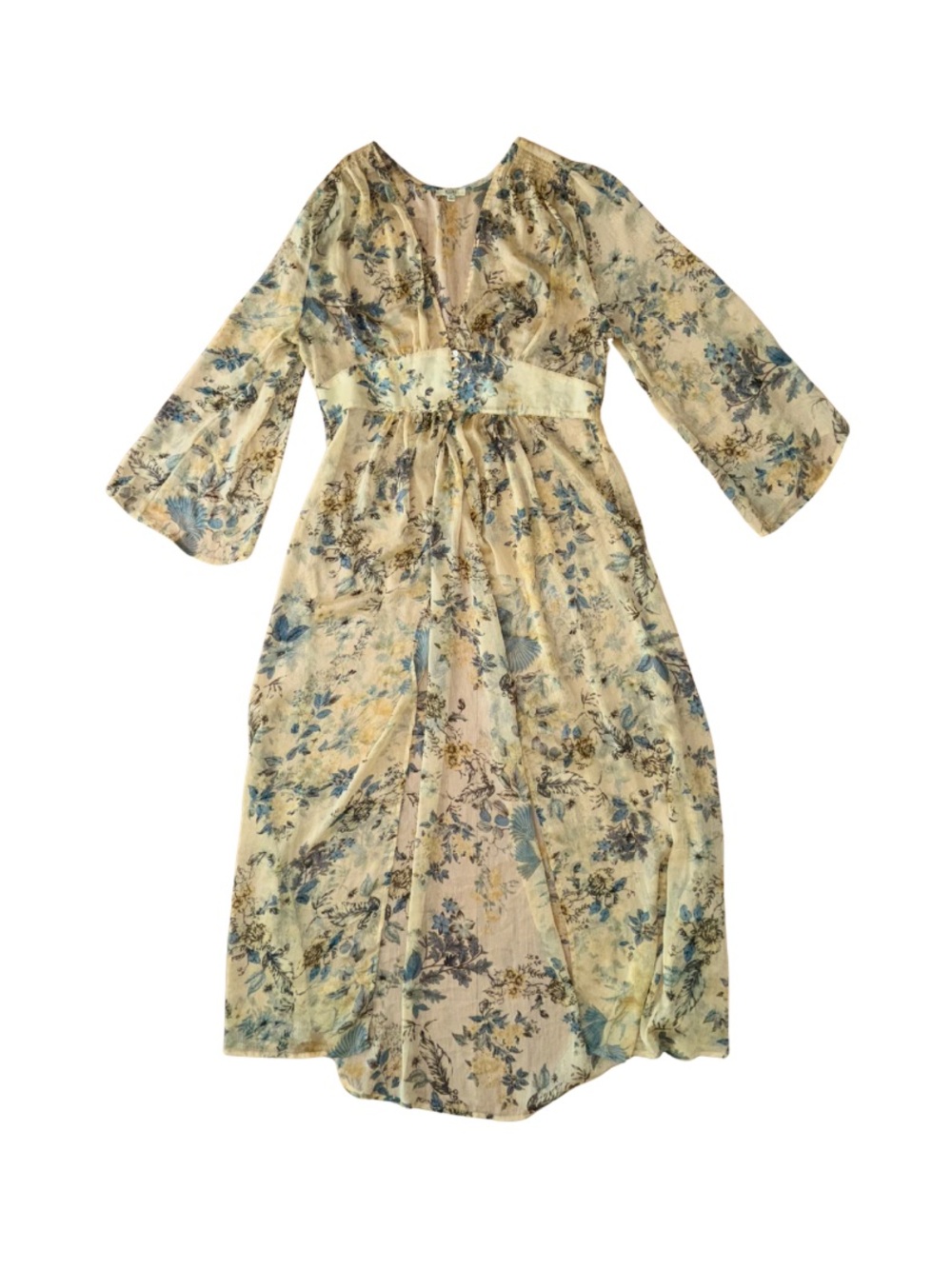 Kori Yellow Floral Maxi Kimono Dress with Blue Floral Print (Large)